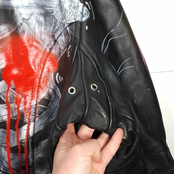 Mega Force Men's Sz46 Black Leather Custom Hand Painted Zip Motorcycle Jacket - Picture 13 of 16
